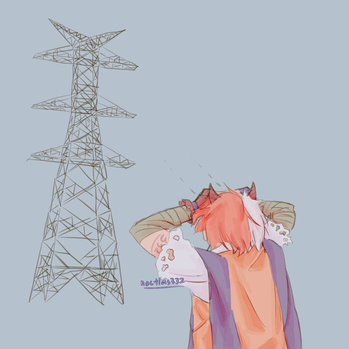 digital drawing of mayo from behind, from the waist up, looking at a pylon